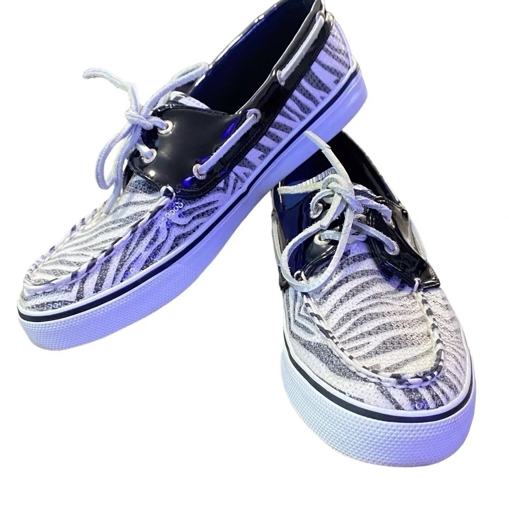 SPERRY Topsiders Black & White Zebra Animal Print Sequin Boat Shoes Size 9M